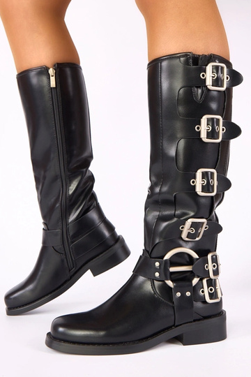 Schwarze kniehohe Stiefel mit flachem Absatz und Schnallen Taliba