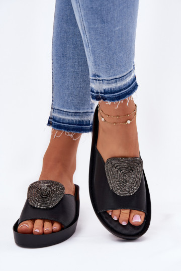 Zwarte dames leren slippers met ornamenten KV51-028 2