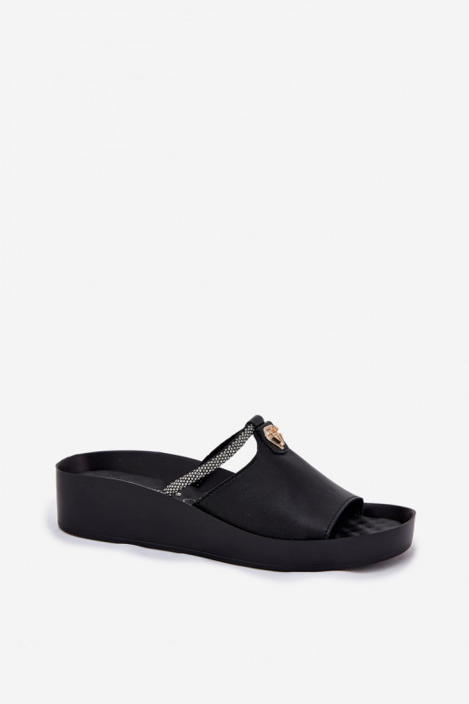 Chaussons en cuir noirs pour femmes avec talons décorés KV51-034