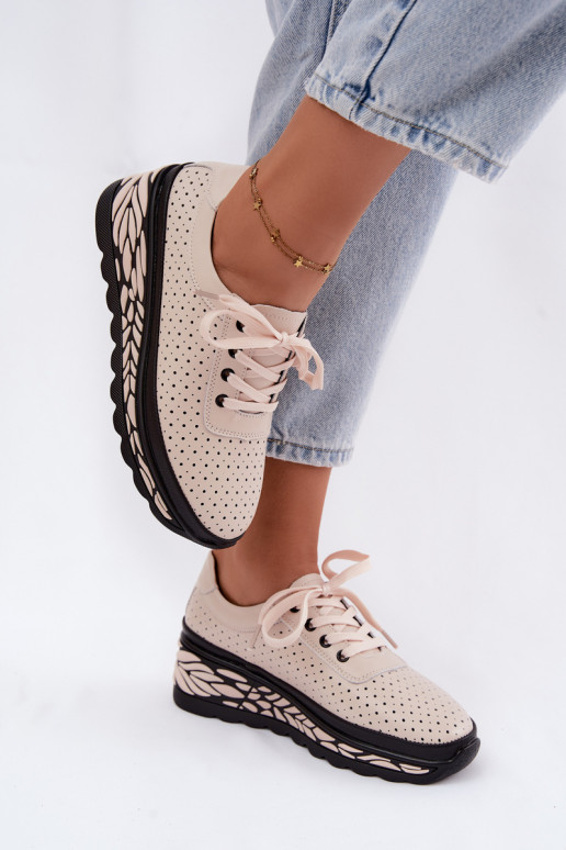 Chaussures beiges pour femmes avec éléments ajourés et plateforme Morra
