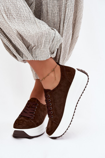 Chocoladekleurige dames sneakers van faux suede met platform Inaya 2