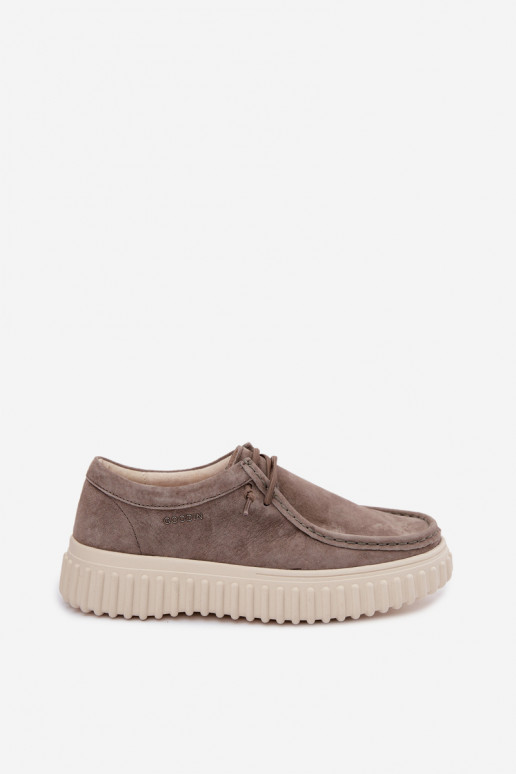 Lehmfarbene Damenschuhe aus Kunstveloursleder mit Plattform Jamila
