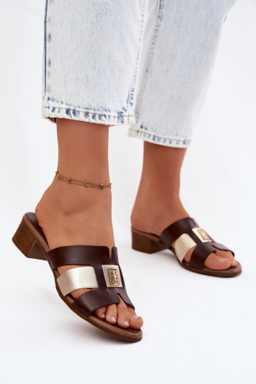 Leren dames slippers met hakken Zazoo in chocolade kleur 2