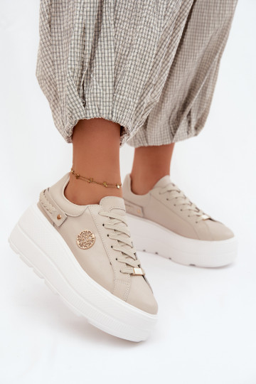 Faux leren sneakers met platform voor dames D&A LR61-7095 in zandkleur