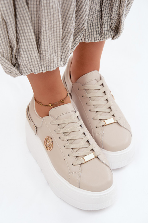 Faux leren sneakers met platform voor dames D&A LR61-7095 in zandkleur