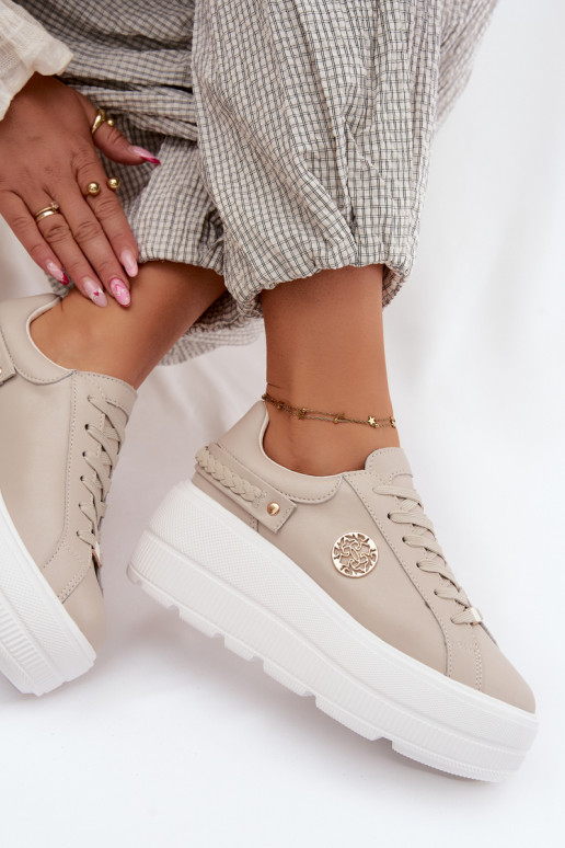 Faux leren sneakers met platform voor dames D&A LR61-7095 in zandkleur