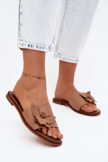 Leren slippers voor dames met ornamenten Zazoo 40477 in cappuccino kleur 2