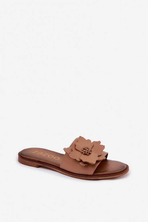 Chaussons en cuir pour femmes avec ornements Zazoo 40477 couleur cappuccino