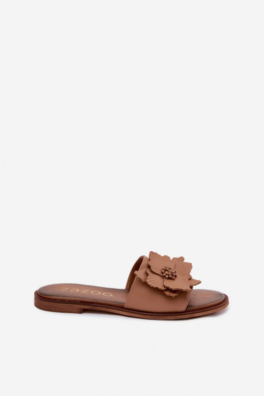 Chaussons en cuir pour femmes avec ornements Zazoo 40477 couleur cappuccino