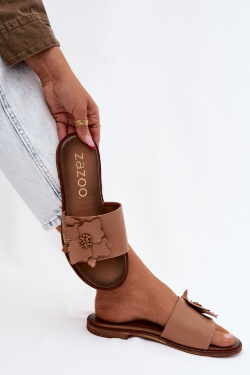 Lederpantoletten für Damen mit Ornamenten Zazoo 40477 in Cappuccino-Farbe