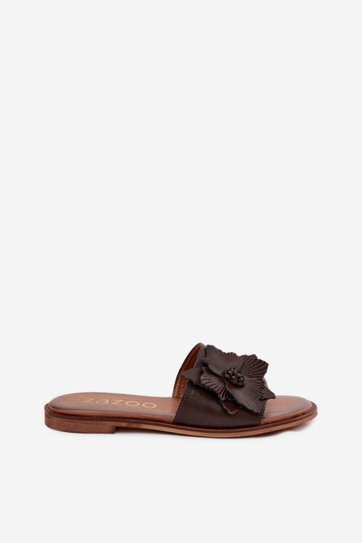 Leren slippers voor dames met ornamenten Zazoo 40477 in chocolade kleur