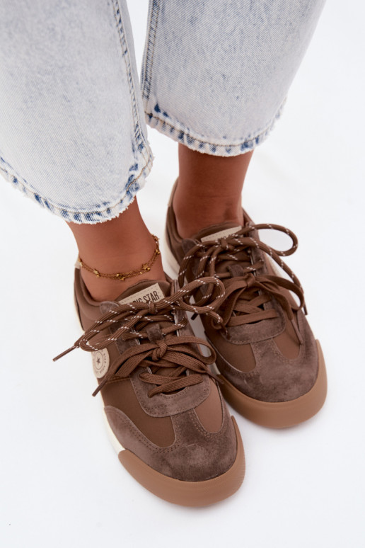 Suède sneakers voor dames met dubbele veters Big Star UU274002 in bruine kleur