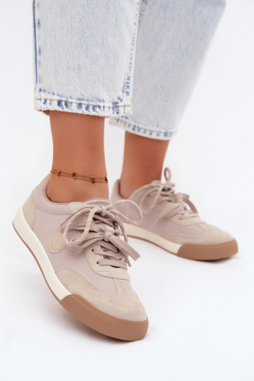 Suède sneakers voor dames met dubbele veters Big Star UU274001 in zandkleur