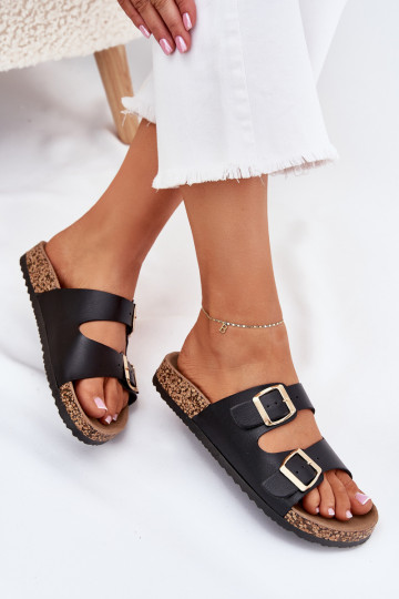 Zwarte dames slippers met gespen van kunstleer Iskira