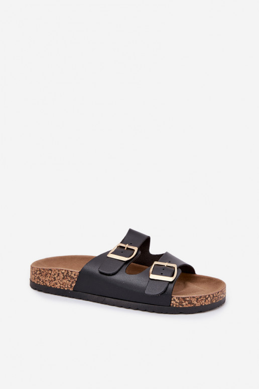 Chaussons noirs pour femmes avec boucles en simili cuir Iskira
