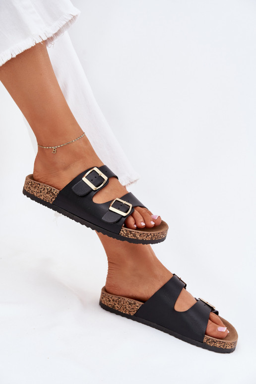 Chaussons noirs pour femmes avec boucles en simili cuir Iskira