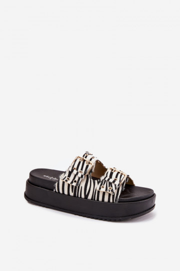Goldene Damenpantoletten mit Schnallen und Plattform Zebra Virvania