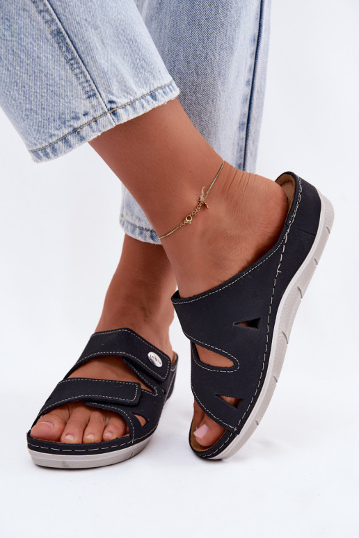 Pantoufles en cuir pour femmes bleu foncé avec fermetures adhésives Inblu OE0001GU