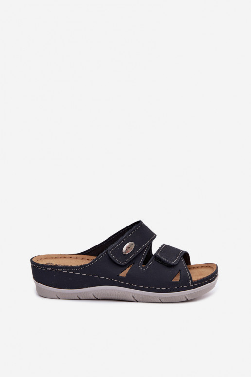 Pantoufles en cuir pour femmes bleu foncé avec fermetures adhésives Inblu OE0001GU