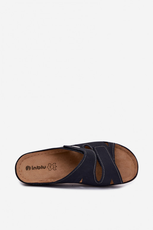 Donkerblauwe dames leren slippers met plakkende sluitingen Inblu OE0001GU