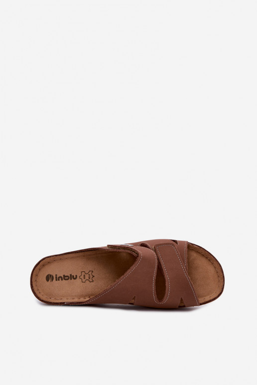 Pantoufles en cuir pour femmes brunes avec fermetures adhésives Inblu OE0001GU