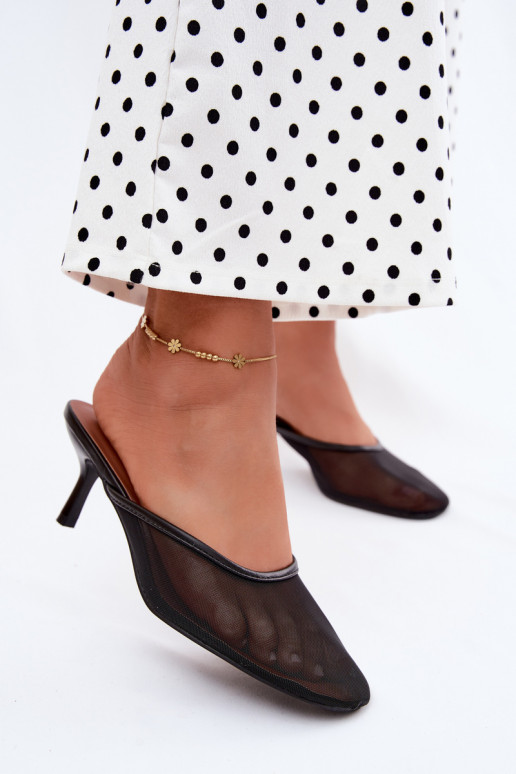 Zwarte mesh slippers met dunne hakken Calmio