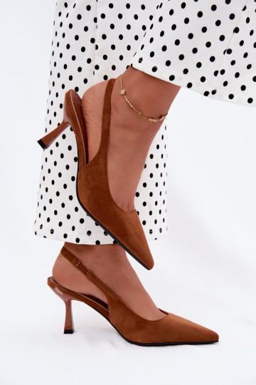 Sandales pour femmes brunes avec talons fins en daim synthétique Saria