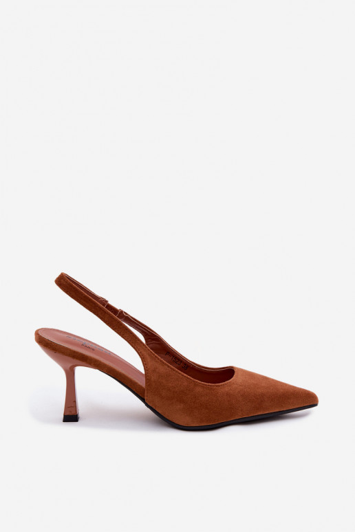 Sandales pour femmes brunes avec talons fins en daim synthétique Saria