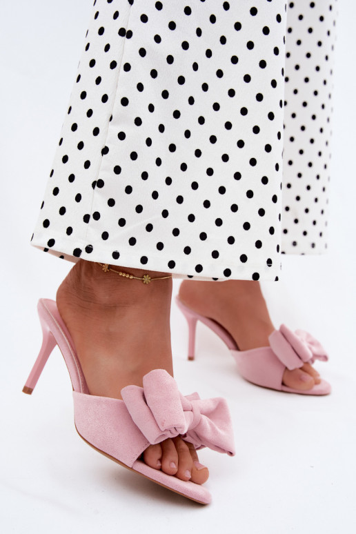 Chaussons roses pour femmes à talons fins et nœuds en daim synthétique Tai turignolia