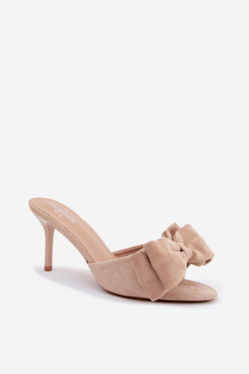 Dames slippers met dunne hakken en strikken in zand faux suede Tai turignolia 2