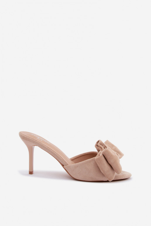 Chaussons pour femmes à talons fins et nœuds en suédine sable Tai turignolia