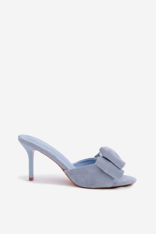 Dames slippers met dunne hakken en strikken in blauwe faux suede Tai turignolia