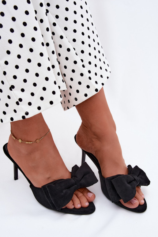 Chaussons noirs pour femmes à talons fins et nœuds en daim synthétique Tai turignolia