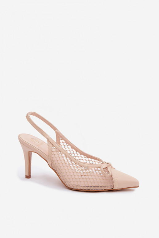 Beige Mesh-Sandalen mit dünnen Absätzen und Schleifen Moona
