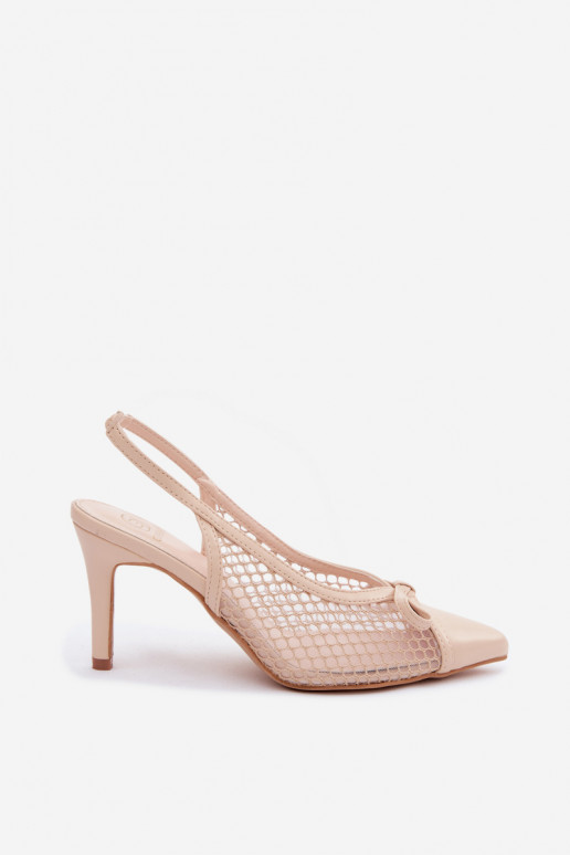 Beige mesh sandalen met dunne hakken en strikken Moona