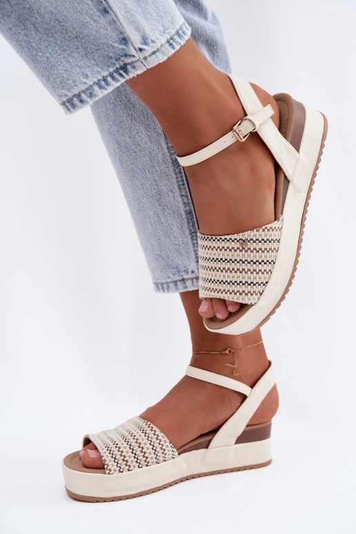 Elfenbeinfarbene Damen-Sandalen mit Plattform