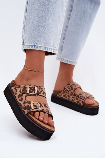 Chaussons à plateforme pour femmes avec boucles, imprimé léopard