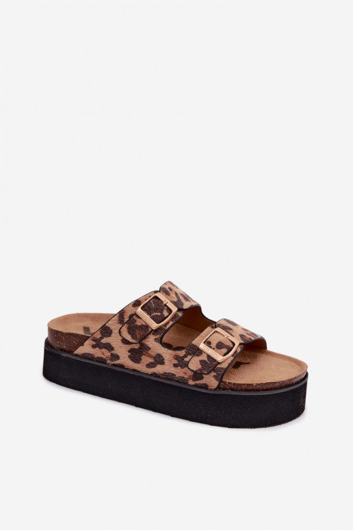 Dames slippers met platform en gespen, luipaardprint