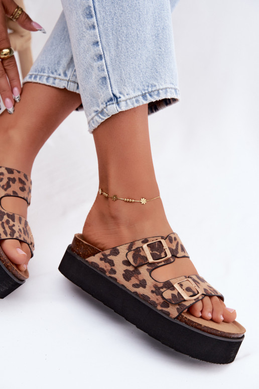 Dames slippers met platform en gespen, luipaardprint