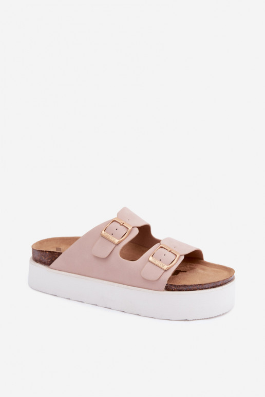 Roze dames slippers met platform en gespen