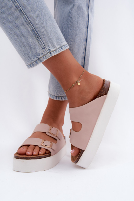 Roze dames slippers met platform en gespen