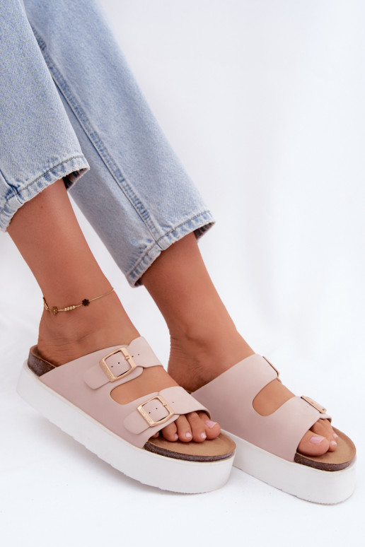 Rosa Damen-Pantoletten mit Plattform und Schnallen