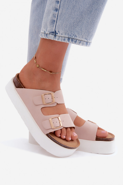 Roze dames slippers met platform en gespen
