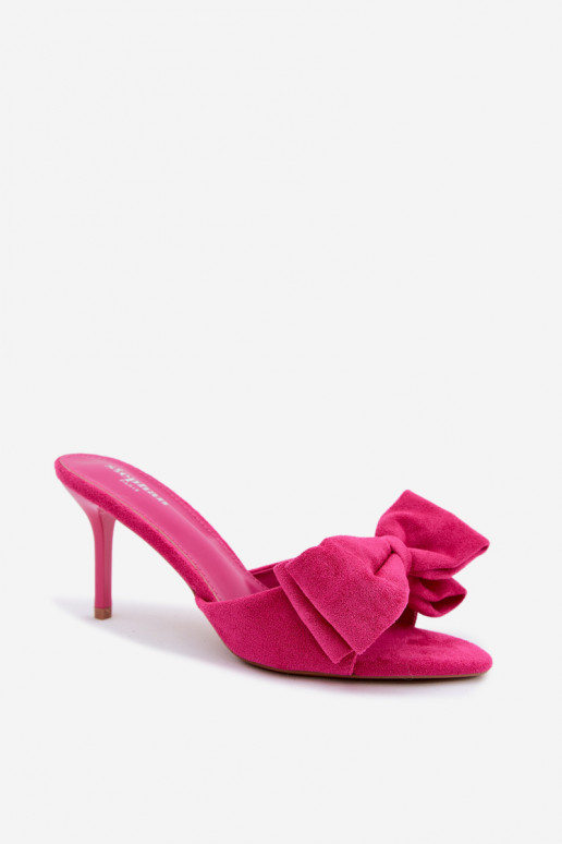 Chaussons pour femmes avec talons fins et nœuds en daim synthétique rose Tai turignolia
