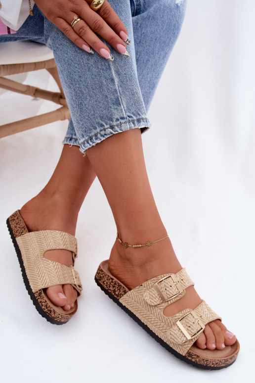 Dames slippers met vlechten en gouden gespen in zandkleur Tai turignovia