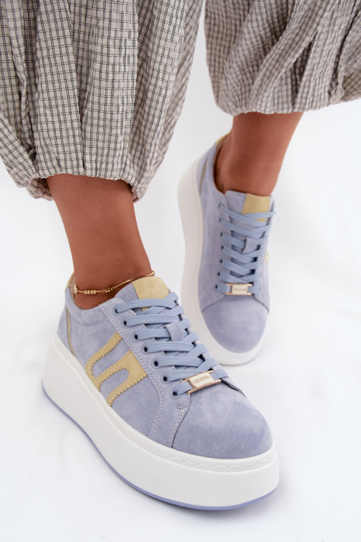Sneakers Stilvollllschuhe Feminin mit einer Plattform natürliches INildlederoZua blaue Farbe Salima