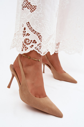 Dames sandalen met dunne hakkenvan eco-suèdeu beige Kevina 2