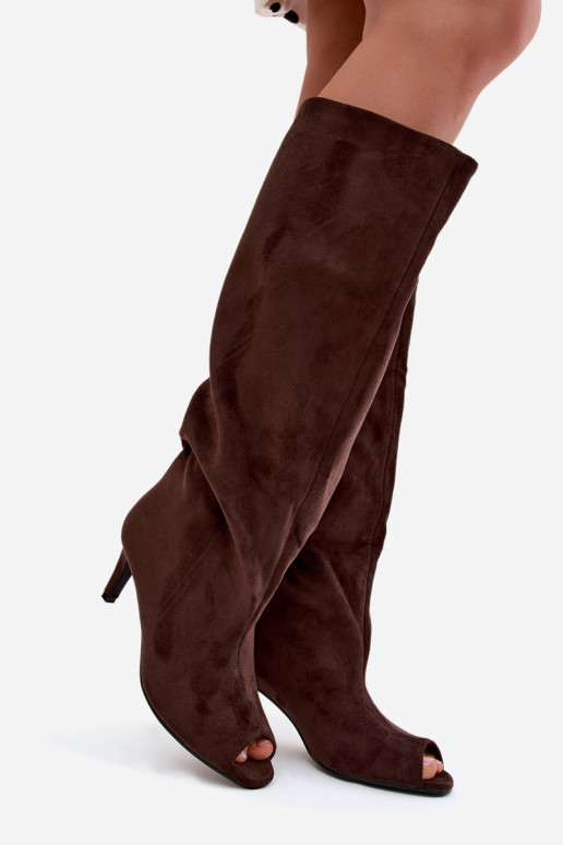 Schokoladenfarbene lange Stiefel mit offenen Zehen aus Kunstveloursleder auf dünnem Absatz Puffina