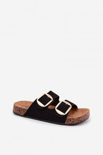 Zwarte dames slippers met gespen op een kurken zool Bubbelia