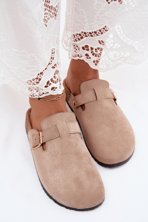 Damen Clogs mit Schnallen in Sandfarbe aus Kunstveloursleder Glamora